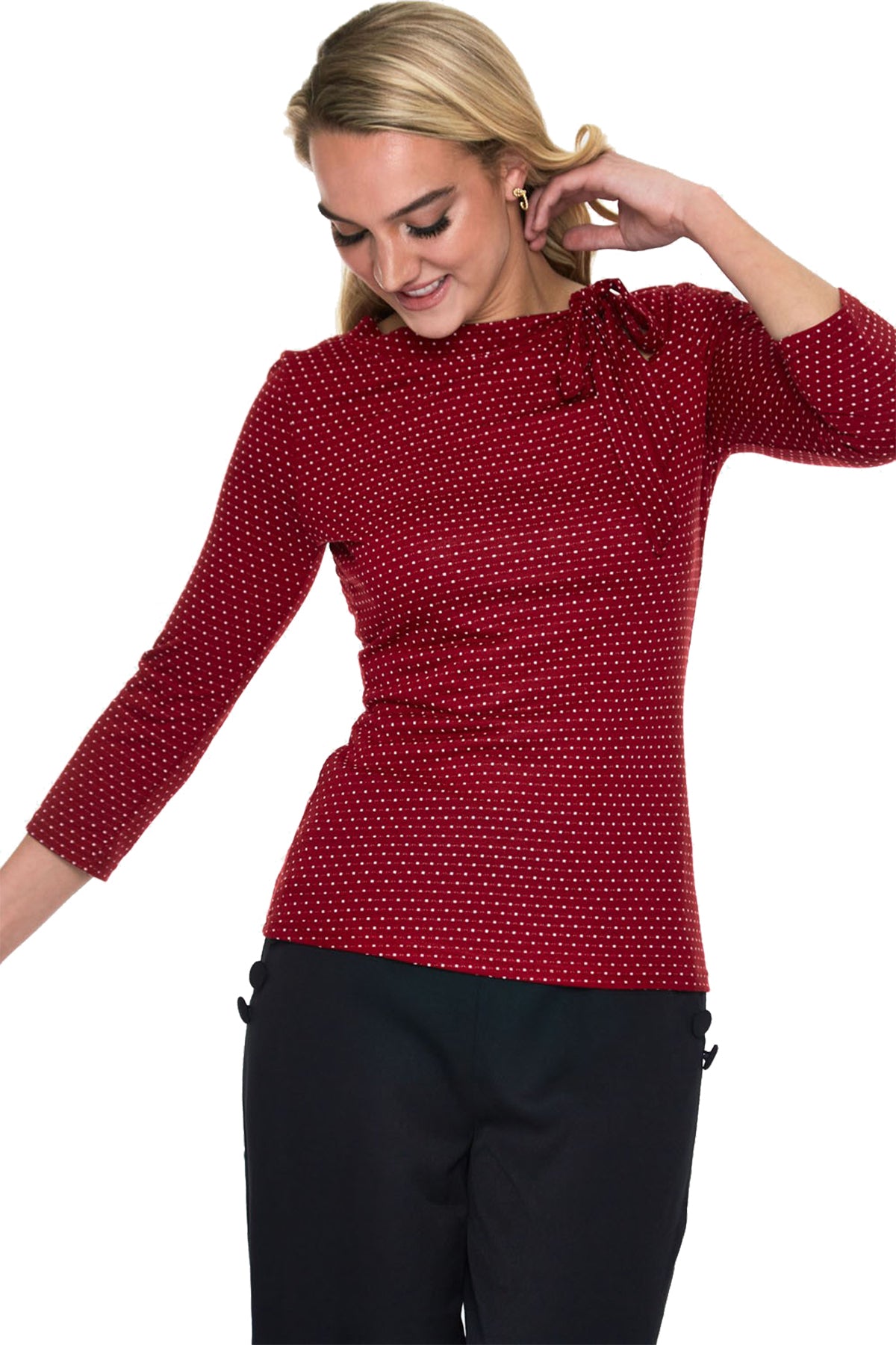 Voodoo_Vixen_POSIE_Vintage_POLKA_DOT_Neck_Tie_dreiviertel_Arm_SHIRT_Oberteil_Bordeaux_killer_kirsche_4
