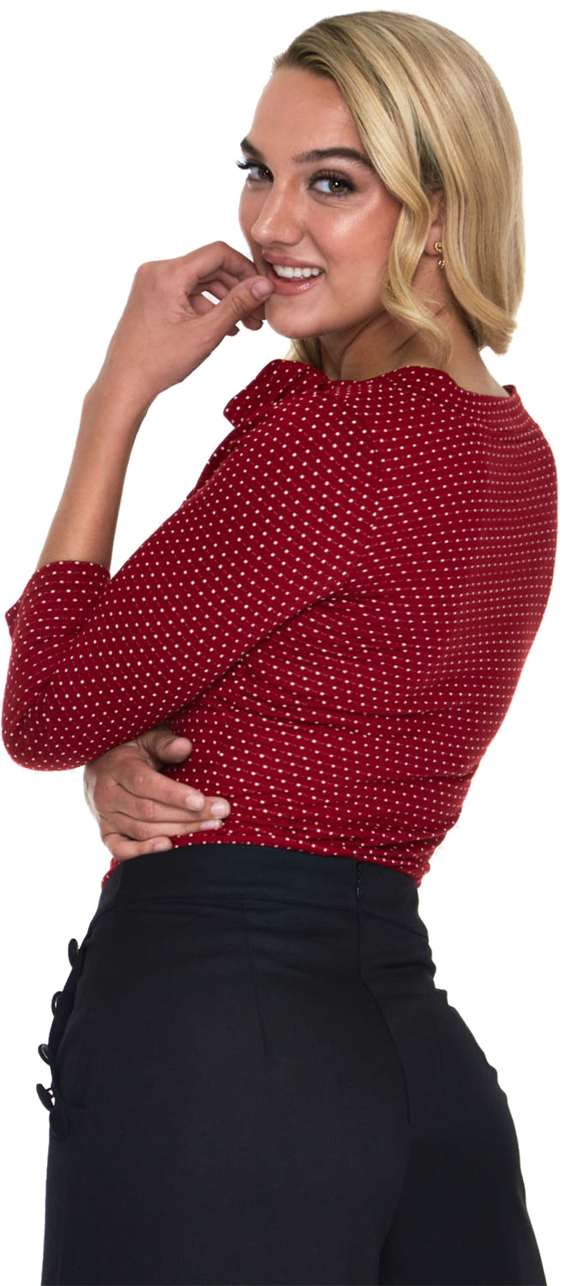 Voodoo_Vixen_POSIE_Vintage_POLKA_DOT_Neck_Tie_dreiviertel_Arm_SHIRT_Oberteil_Bordeaux_killer_kirsche_5
