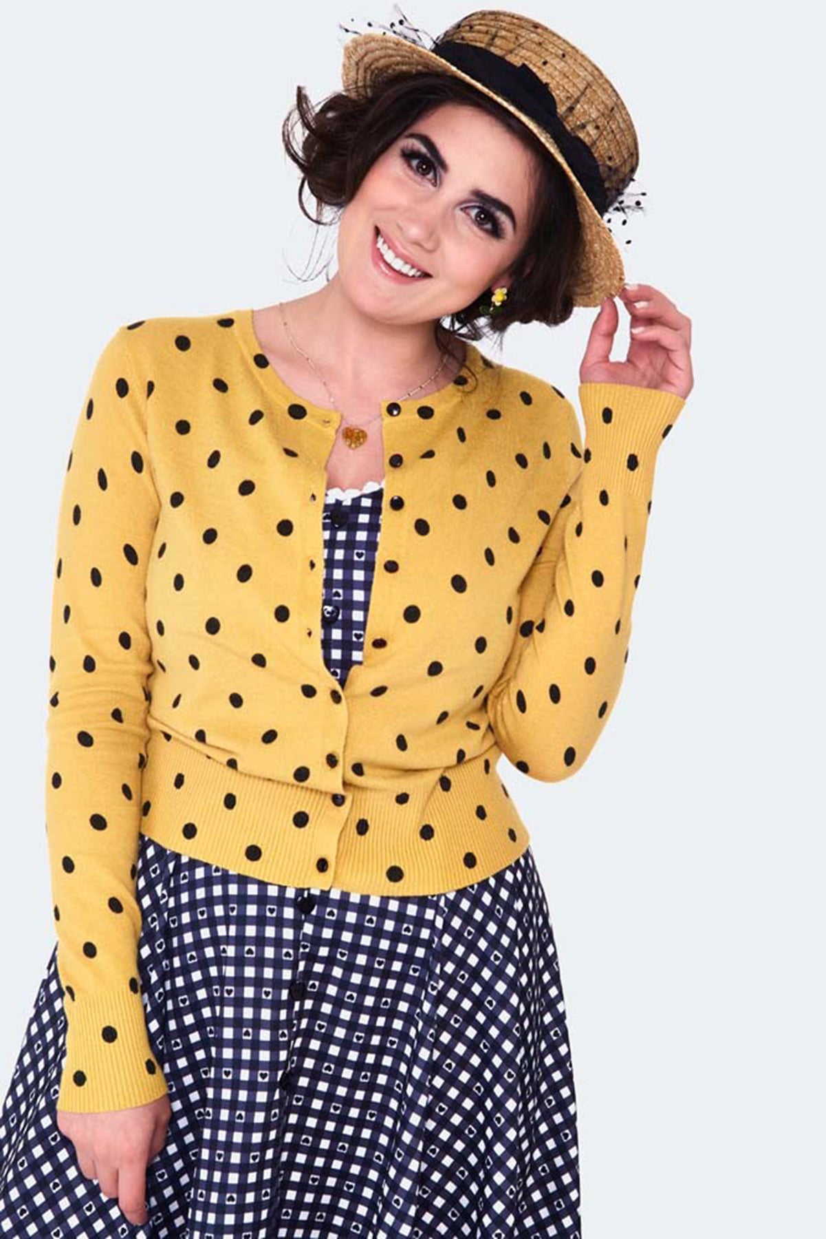 Voodoo_Vixen_Polka_DOTS_Punkte_Langarm_CARDIGAN_Stickjacke_-_Senfgelb_killer_kirsche_3xqMlPNhTd3MgM