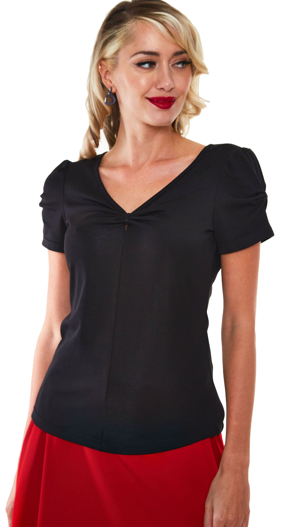 Voodoo_Vixen_RHIANNON_50s_BOW_Kurzarm_Plain_V-NECK_SHIRT_Oberteil_Schwarz_killer_kirsche_3