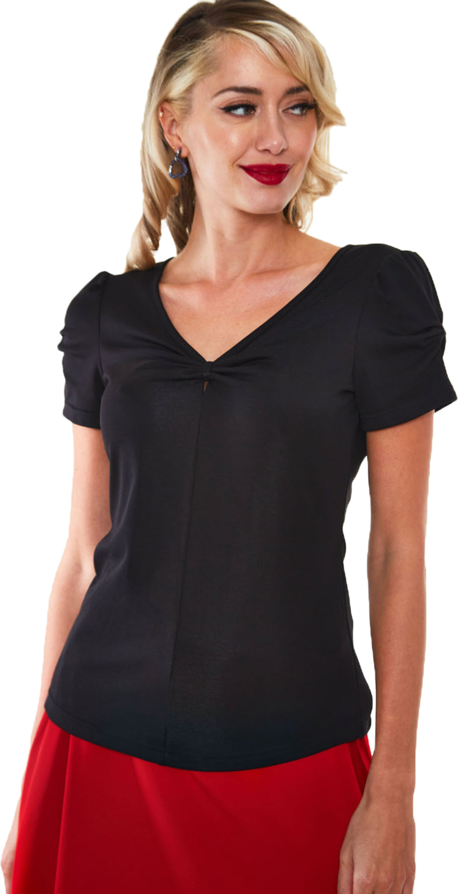 Voodoo_Vixen_RHIANNON_Vintage_BOW_Kurzarm_Plain_V-NECK_50s_SHIRT_Oberteil-1