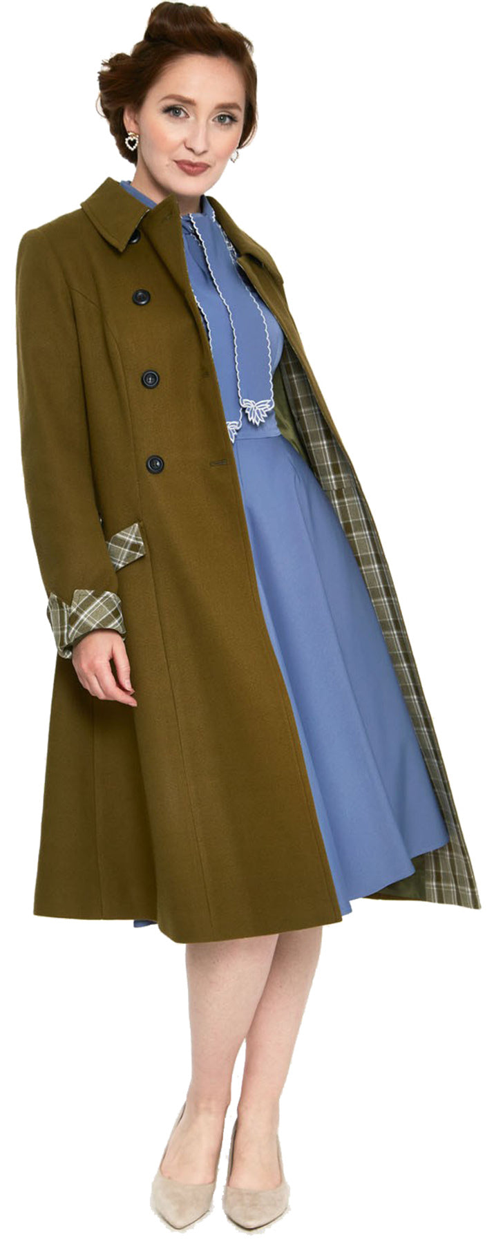 Voodoo_Vixen_SUSIE_Vintage_PLAID_CONTRAST_A-Linie_COAT_Mantel_Olivgruen_killer_kirsche2