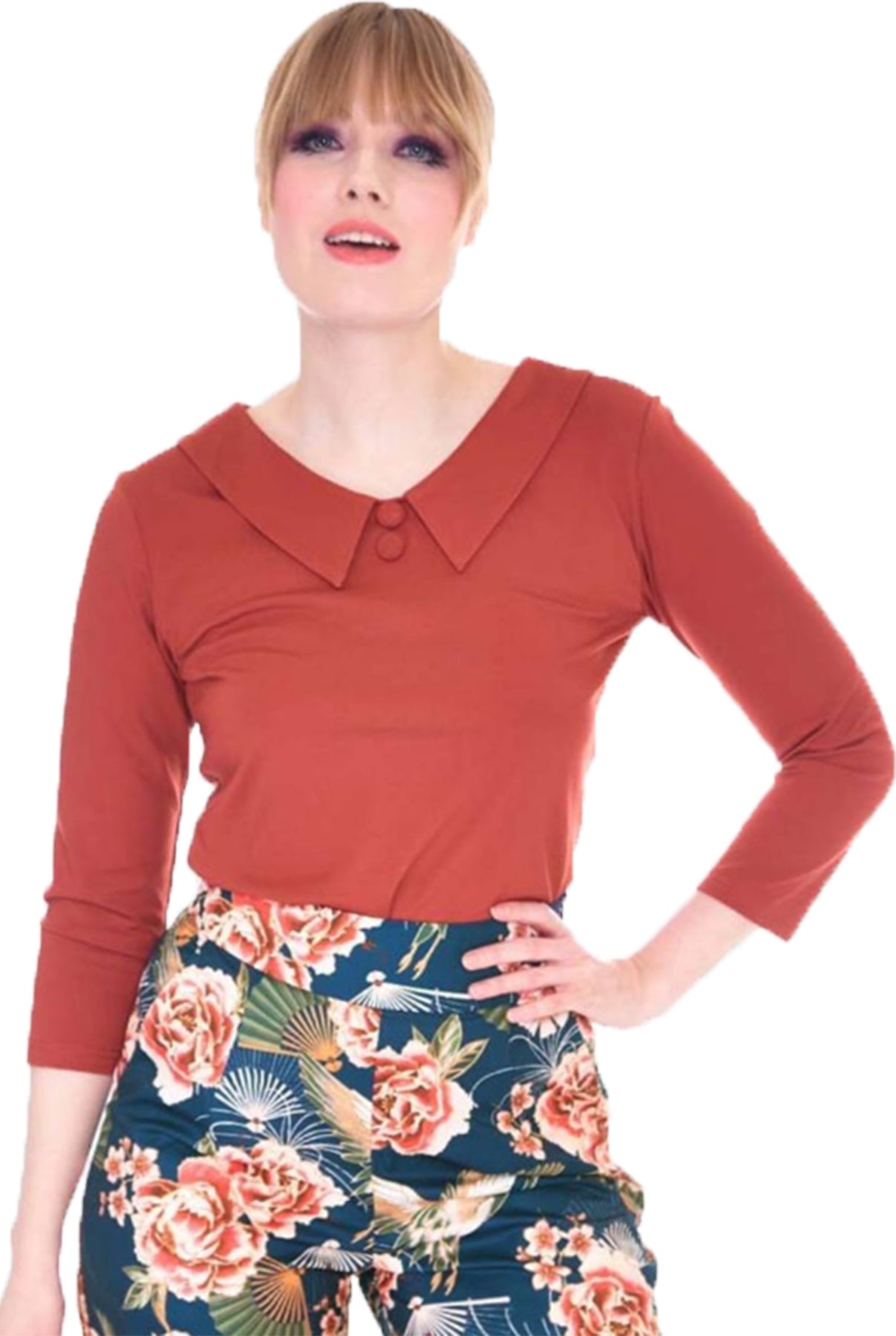 Voodoo_Vixen_WIDE_COLLAR_Retro_PLAIN_V-Neck_Dreiviertelarm_SHIRT_Oberteil_Rostorange_Killer_Kirsche-1