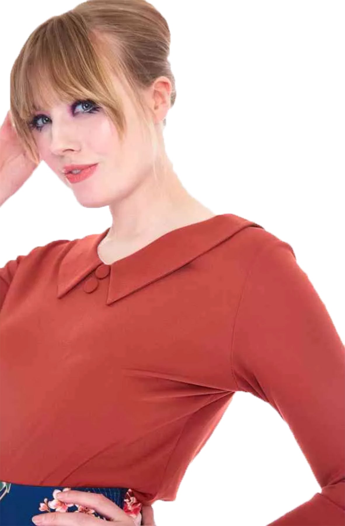 Voodoo_Vixen_WIDE_COLLAR_Retro_PLAIN_V-Neck_Dreiviertelarm_SHIRT_Oberteil_Rostorange_Killer_Kirsche-2