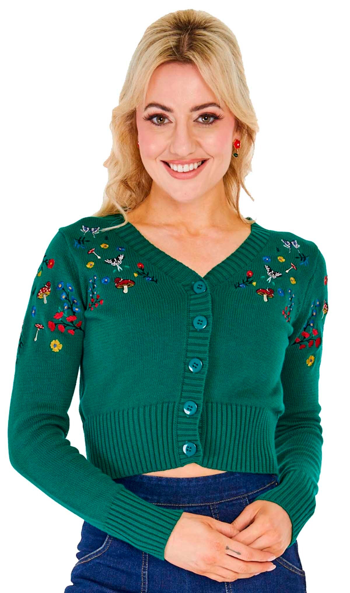 Voodoo_Vixen_WOODLAND_CROP_Vintage_EMBROIDERED_V-Neck_CARDIGAN_Stickjacke_-_Tannengruen-1