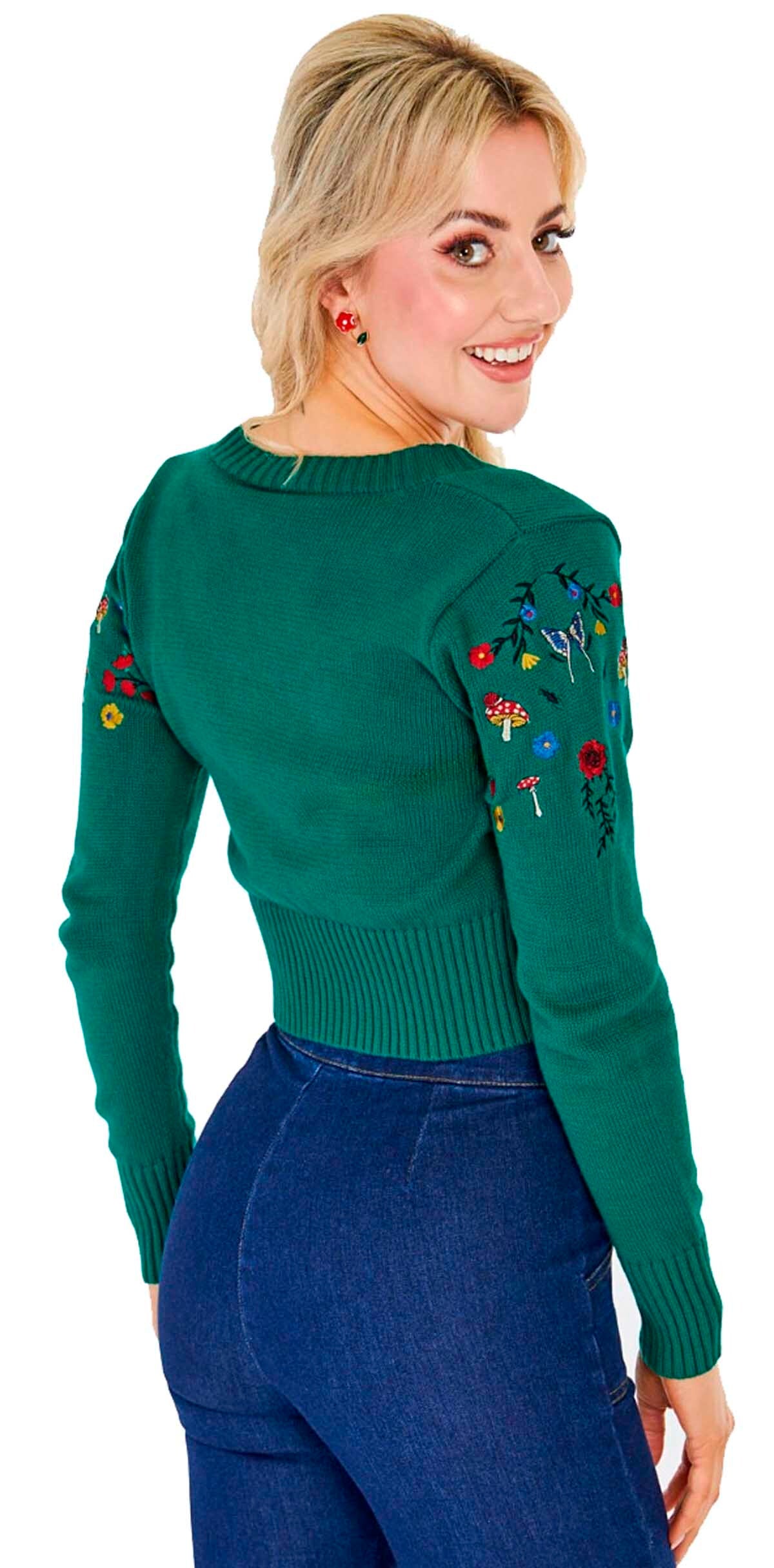Voodoo_Vixen_WOODLAND_CROP_Vintage_EMBROIDERED_V-Neck_CARDIGAN_Stickjacke_-_Tannengruen-4